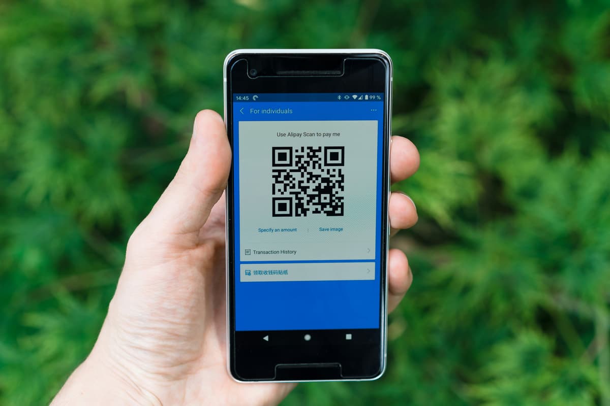 Смартфон с QR-кодом на экране в руке пользователя